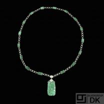 14k White Gold Necklace with Jade and Diamonds.