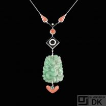 18k White Gold Necklace with Jade, Tourmalin, Coral & Diamonds.