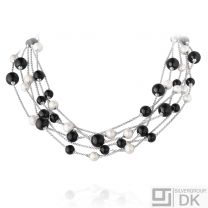 Georg Jensen. Silver SPHERE Necklace #474F - Black Agate and White Pearls.