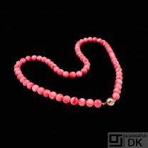 Coral Bead Necklace with Gold plated Sterling Silver Ball Clasp.