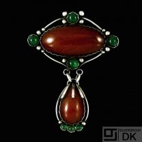 Otto Strange Friis. Art Nouveau Silver Brooch with Amber and Green Agate. 