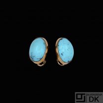 Danish 14k Gold Ear Clips with Cabochon Turquoise.