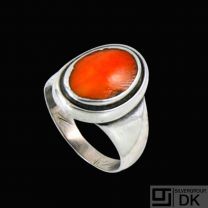 Georg Jensen. Sterling Silver Ring with Coral #46B- Harald Nielsen - 1933-44 Hallmarks