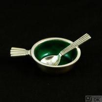 Georg Jensen Silver Salt Cellar with green Enamel and Spoon #9 - Bernadotte