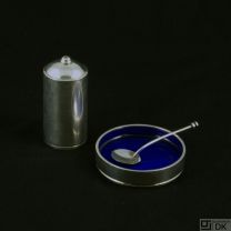 Georg Jensen Silver Salt Cellar with Spoon & Pepper Shaker #801 - Bernadotte