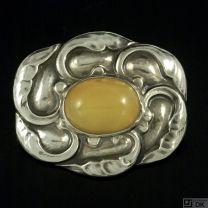 Georg Jensen. Art Nouveau Sterling Silver Brooch with Amber #61. 1933-44 Hallmarks
