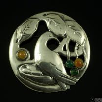 Danish Art Nouveau Silver Brooch with Amber and Green Agate - Thyra Vieth