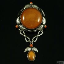 Danish Art Nouveau Silver Brooch with Amber and Coral - Bernhard Hertz.