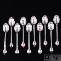 Evald Nielsen. No. 3. Set of ten Silver Mocha Spoons with Stones. (10)