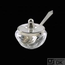 Georg Jensen. Glass Jar with Sterling Silver Pyramid Lid #600A and Spoon.