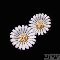 Georg Jensen. Gold Plated Sterling Silver Daisy Ear Clips with Enamel - 33mm.