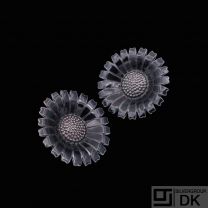 Georg Jensen. Ruthenium Plated Sterling Silver Daisy Ear Clips with Enamel - 33mm.