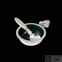 Georg Jensen. Sterling Silver Salt Cellar #102 with Green Enamel and Spoon 103 - Cactus.