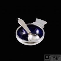Georg Jensen. Sterling Silver Salt Cellar #102 with Enamel and Spoon 103 - Pyramid.
