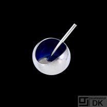 Georg Jensen. Sterling Silver Salt Cellar with blue Enamel and Spoon #1067 - SGJ
