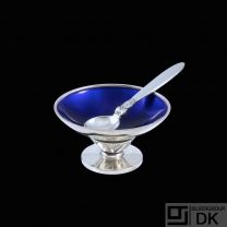 Georg Jensen. Sterling Silver Salt Cellar with Enamel and Spoon - Cactus #629