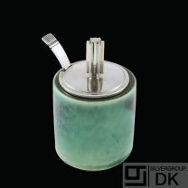 Saxbo - F. Hingelberg. Stoneware Jar with Sterling Silver Lid and Spoon.