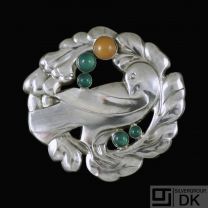 Georg Jensen. Silver Dove Brooch with Agate & Amber #70. 1904-08 Hallmarks