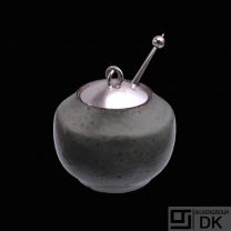 Hans Hansen. Stoneware Jar with Sterling Silver Lid & Spoon.