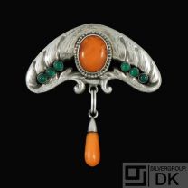 Bernhard Hertz. Art Nouveau Silver Brooch with Amber and Green Agate.