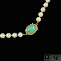 Just Andersen. Pearl Necklace with 18k Gold Lock with Turquoise.