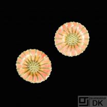 A. Michelsen. Gilded Silver Daisy Ear Clips with Rose Enamel. 24mm.