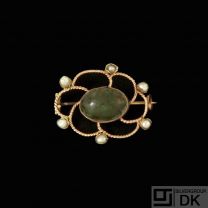 Mogens Ballin. 14k Gold Brooch with oriental Pearls and turquoise.