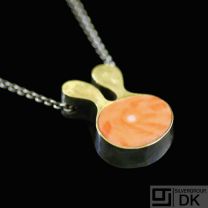 Ole Waldemar Jacobsen. Oxidated Sterling Silver Pendant with 18k Gold and Coral.