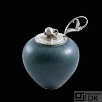 Saxbo - Georg Jensen. Stoneware Jar with Sterling Silver Lid and Spoon.