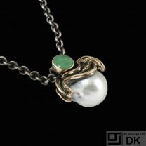 Vilhelm Holmstrup. Sterling Silver & 18k Gold Pendant with Pearl and Jade.