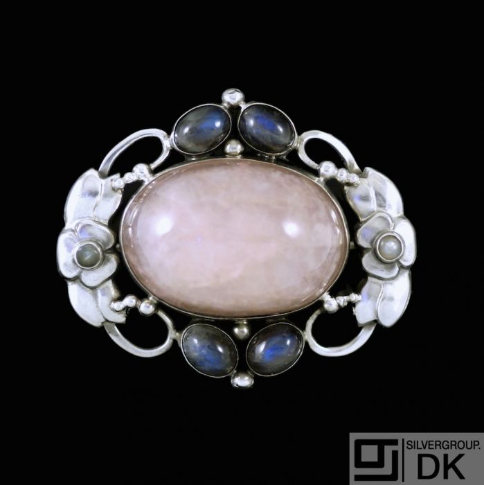 Georg Jensen. 826S Silver Brooch #78 with Rose Quartz, Labradorite and  Pearls - 1904-1908 Hallmarks