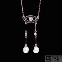 14k Gold Art deco Necklace with Sapphires, Diamonds and Oriental Pearls.