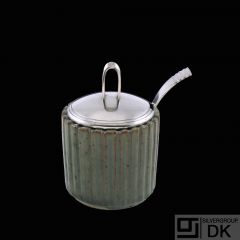 Arne Bang - Hingelberg.  Fluted Stoneware Jar with Sterling Silver Lid and Spoon.