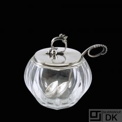 Georg Jensen. Crystal Glass Jar with Sterling Silver Lid and Spoon.