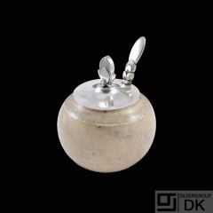 Saxbo - Georg Jensen. Stoneware Jar with Sterling Silver 'Cactus' Lid and Spoon.